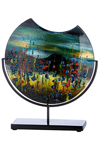 GILDE GLAS art Decorative Round Vase on Black Metal Base Hand-Painted with Glass Elements Art Object Multicoloured Height 37 cm