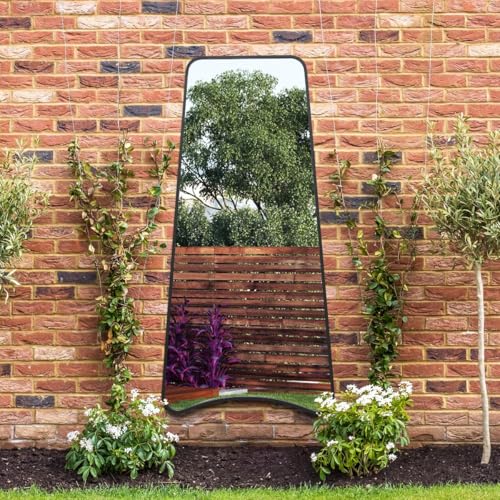 "The Coartans - New Black Metal Isoscelles Trapezoid Shape Framed Garden Wall Mirror with arched bottom. 79"" X 38"" (200CM X 95CM)"
