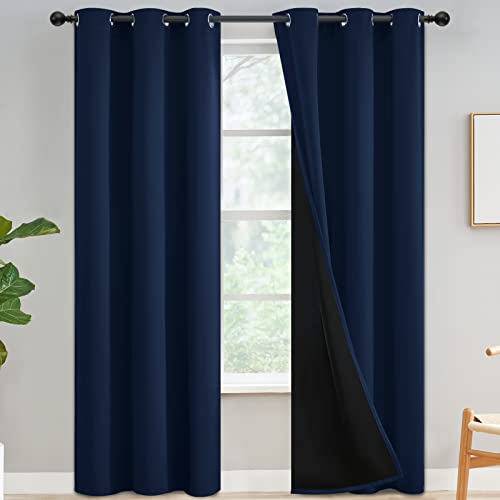 Yakamok 100% Blackout Privacy Curtains for Bedroom 84 Inch Length, Total Light Blocking Drapes, Full Room Darkening Thermal Insulated Solid Grommet Panels for Living Room, 42Wx84L, Navy Blue, 2 Panels