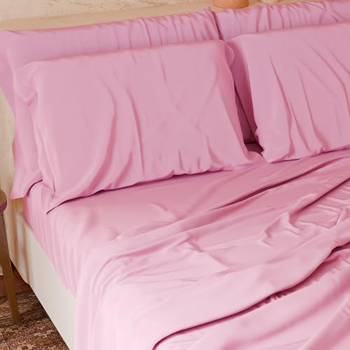 PETTI Italian Artisans - 4-Piece Maxi Double Bed Sheet Set, Soft and Breathable, Complete Bed Set with Top Sheet, Fitted Sheet with Elasticated Corners and 2 Pillowcases Pink Sheets
