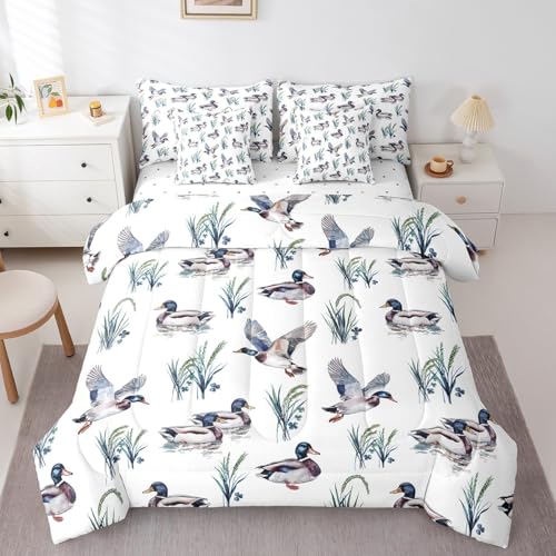 Feelyou Hunt Mallard Duck 7 Piece Bedding Set Full Size for Boys Teens Kids Branches Wildlife Comforter Set with Sheets Hunter Wild Animals Bed in a Bag Wild Home Decor