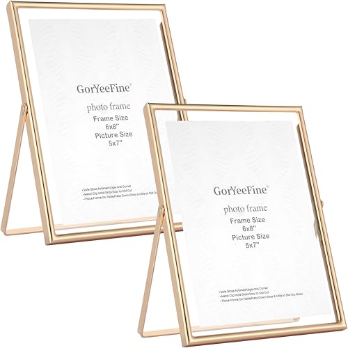 GorYeeFine Premium Gold 6??8?????? Floating Frame 2 Pack For Picture 4x6'',5x7'',Classy metal floating frame 5x7''Tabletop Shelf Photo Frames for Christmas, Wedding Party, Home or Office D??cor