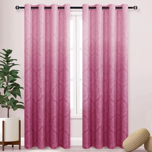 DWCN Ombre Blackout Curtains for Bedroom - Damask Patterned Thermal Insulated Energy Saving Grommet Curtains for Living Room, Set of 2 Gradient Window Curtain Panels, 52 x 84 Inches Long, Pink