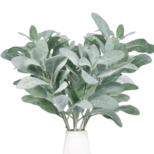 Tinsow Artificial Flocked Lambs Ear Leaves Dusty Miller Stems Flocked Oak Leaves Lamb's Ear Leaf for Home Wedding DIY Floral Arrangement (Silver Lamb's Ear, 5)