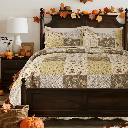 "Summer Floral King Quilted Bedspread,Romantic Beige Quilt Set,Reversible Stitched Bedding Cover All Season,Soft Lightweight Coverlet with Pillow Cases (Ivory&Pink, King(102""x90""))"
