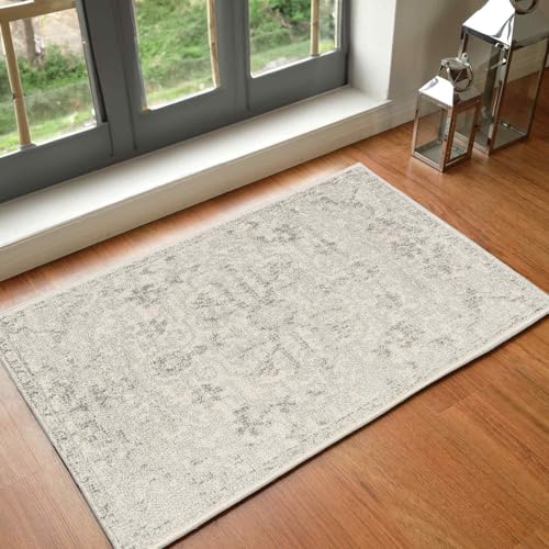 Livabliss Lou Asmara Vintage Carpet Runner 60x90 cm, Scandi Neutral Traditional Boho Design for Hallway & Living Room, Easy Care Pile, Light Grey