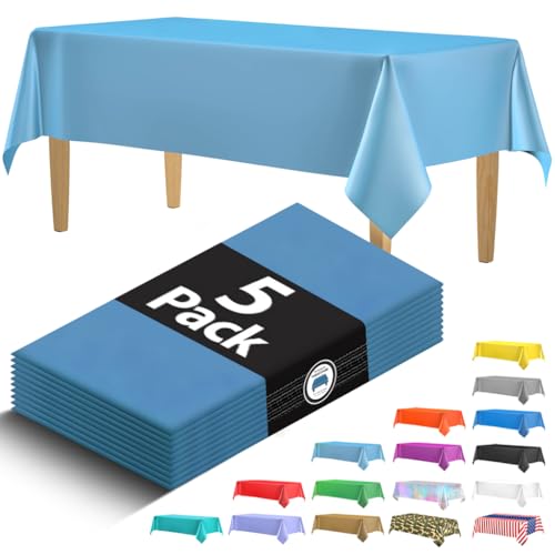 HSGUS 5 Pack Premium Sky Blue Plastic Tablecloth - 108 x 54 in. Disposable Rectangle Plastic Table Cloth - Decorative Rectangle Table Cover Smooth Tablecloth - Disposable Table Cloths for Parties=