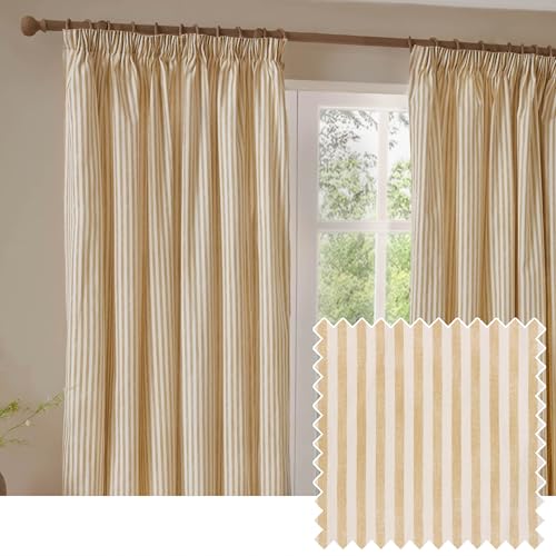 Yard Hebden Blackout Pencil Pleat Curtain Pair – Ultra Soft Cotton Lined Striped Curtains (Honey Yellow - 229x137cm)