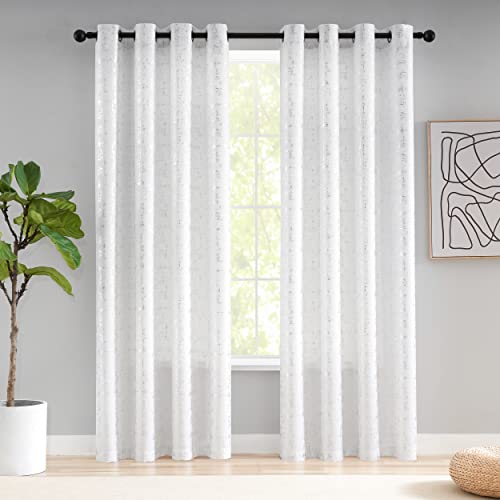 "Taisier Home Silver Foil Print Linen Textured Curtains Geometric Dots Pattern Design Curtains for Bedroom Living Room Thermal Insulated Window Treatment 2 Panels 108"" L,White and Silver Drapes Print"