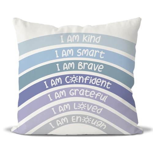 QIYUHOY Boho Rainbow Classroom Throw Pillow Covers, Book Center Calming Corner Playroom Decor Pillow Case, Purple Pillow Cover, I Am Kind Smart Brave Confidence 20x20 Inch Pillowcase(Blue)
