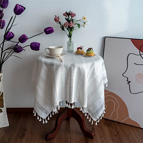 Gernaice Rustic Stripe Embroidered Tablecloth Heavy Small Square Tassel Cotton Linen Table Cloth Wrinkle Free Washable Table Cover for End Bedside Coffee Teapoy Table Tea Trolley White 24x24 Inch