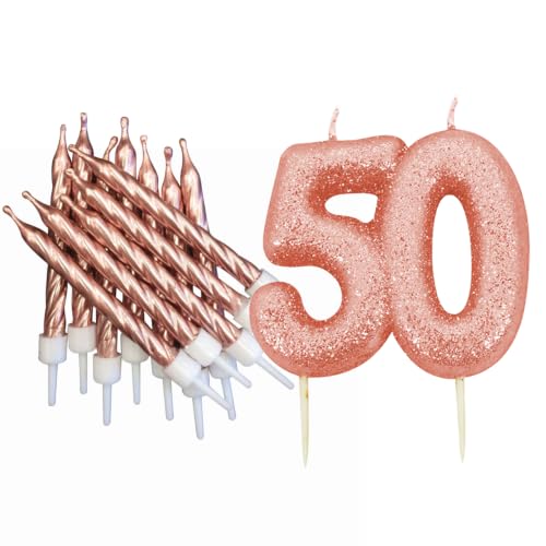 50th Birthday Rose Gold Candle Kit, Glitter Number 50 Cake Topper Candle and Rose Gold Candles, Birthday Cake Decoration
