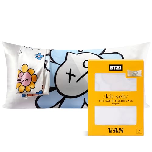 Kitsch x BT21 Satin Pillowcase with Zipper for Hair and Skin, Softer Than Silk Pillow Cases King, Cooling Pillow Covers, Machine Washable, Wrinkle-Free, Smooth Satin Pillow Cases King Size 19x36, Van