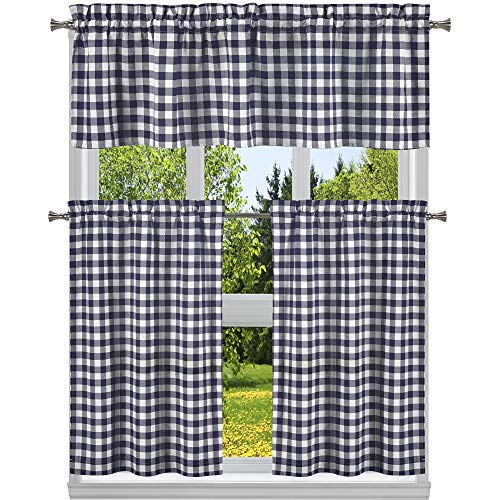 Home Maison Kaiser Buffalo Check Plaid Gingham 58 in. W x 15 in. L Kitchen Curtain & Tier Set in Navy