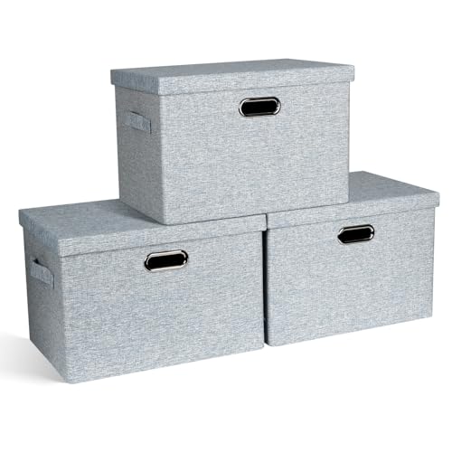 Storage Bins with Lids Fabric Closet Organizers Cubes Office Organization - 36 Quart 3 Pack Blue-Grey Collapsible Stackable Linen Fabric 4 Handles Bedroom Closet Cabinet Under Bed Clothes Toy Office