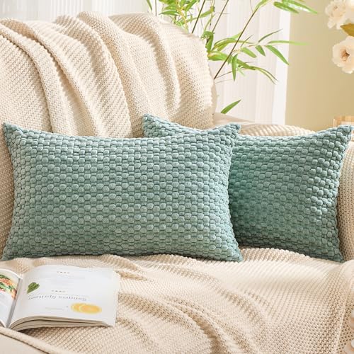 GAWAMAY Decorative Corduroy Throw Pillow Covers 12x20 Aqua Blue 2 Pack - Soft Farmhouse Cushion Covers Neutral Pillow Cases for Living Room Couch, Sofa, Bedroom, Only Covers No Inserts