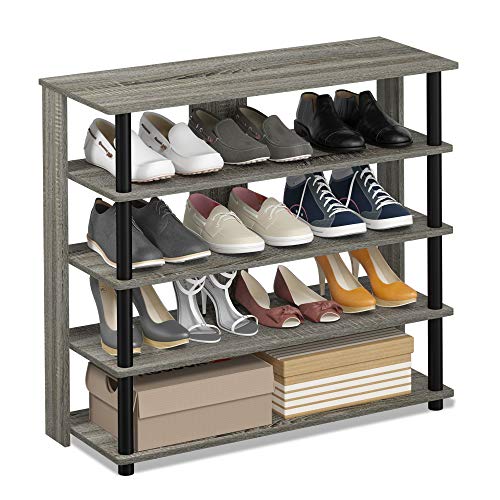 Furinno TURN-N-TUBE Shoe Rack, 5 Tier Shoe Organizer, Wide Shoe Storage, 11.8 x 31.5 x 29.5, for Closet Entryway, Office, Garage, French Oak/Black