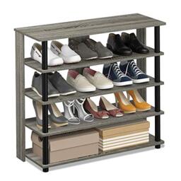 Furinno TURN-N-TUBE Shoe Rack, 5 Tier Shoe Organizer, Wide Shoe Storage, 11.8 x 31.5 x 29.5, for Closet Entryway, Office, Garage, French Oak/Black