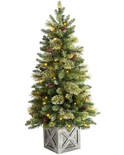 WeRChristmas Pre Lit Natural Pine Potted Christmas Tree with 50 Chasing Warm LED Lights, Multi-Colour, 3.5 feet/1.05m