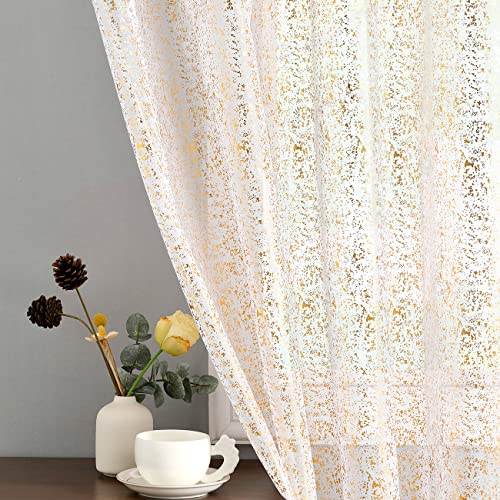 TERLYTEX Metallic Gold Sheer Curtains, Sparkle Glitter Gold White Sheer Curtains, 96 Inch Length for Living Room, Rod Pocket Privacy Sheer Window Curtain, 2 Panels, Each 52 x 96 Inch, Gold White