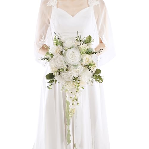 Floinla 12 Inch Cascade Wedding Bouquets for Bride, Ivory & Champagne - Cascading Bridal Bouquet for Wedding Silk Artificial Flowers