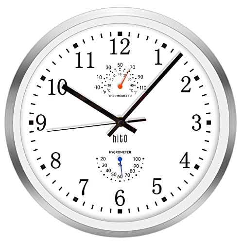 "HITO 12"" Silent Wall Clock Battery Operated Non Ticking Sweep Movement Glass Cover Silver Aluminum Frame, for Kitchen, Bedroom, Home Office, Living Room Decor (12"" White)…"