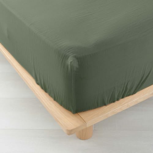 Douceur d'Intérieur, Fitted Sheet (160 x 200 cm) Angelia Khaki, Cotton Gauze