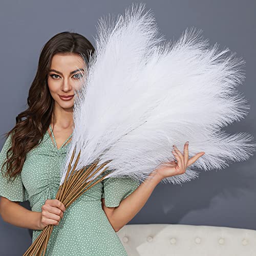 "FOTEEWL 8 PCS Faux Pampas Grass Decor 38""/3.1FT Tall Fake Pompas Floral Large Artificial Pompous Grass Branches Plants for Floor Vase Filler Home Boho Decor (White)"