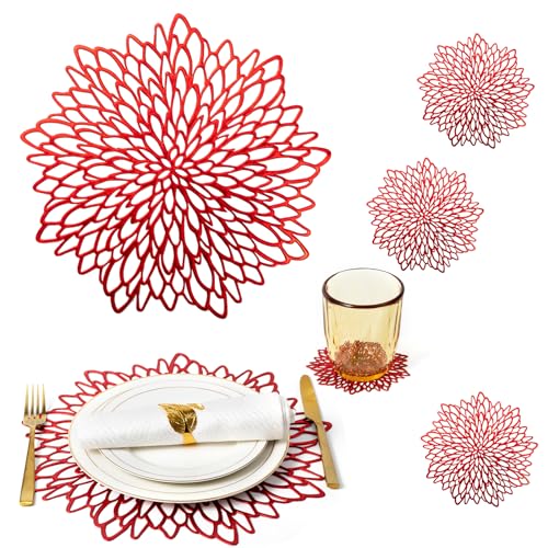 Red Placemats Table Mats Set of 8 Red Charger Plates Place Mats & 8 Pcs Coasters Modern Holiday Wipeable Round Vinyl Placemats Kitchen Farmhouse Christmas Wedding Dinner Dining Table Decor Setting