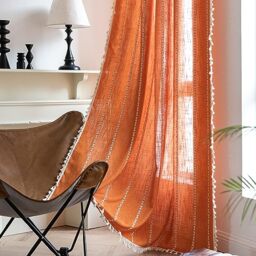 "Sutuo Home Orange Boho Curtains for Bedroom Living Room, Semi Blackout Linen Farmhouse Tassels Window Treatment Bohemian Embroidery Drape for Fall Autumn Decor, Rod Pocket 1 Panel 52"" W x 72"" L"