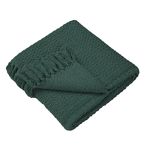Drift Home - Green Throw with Tassel - Sustainable Recycled Cotton - Woven Basket Weave Textured Sofa Throw - Extra Large 200 x 200cm