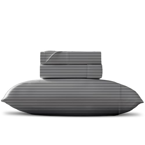 Pure Egyptian Cotton Dark Grey Twin Stripe Sheet Set (Twin Bed Sheets, 600 Thread Count) Bedding Sheets & Pillowcases (3 Pc) ??? Bed Sheets Twin - Sateen Weave Sheets - 16??? Cotton Sheets