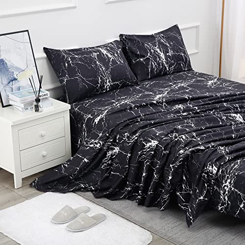 Best Season Bed Sheet Set 4 Pieces -Full Size-Soft Durable Microfiber Bedding Sheet Set,Deep Pocket,Stain,Fade & Wrinkle Resistant(Black Marble)
