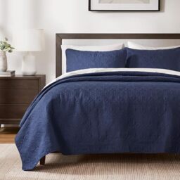 "Madison Park Anti-Microbial, Cotton Filled Lightweight Coverlet Bedspread Bedding, Shams, Polyester, Navy, Cal King(104""x94"")"