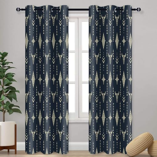 Aztec Western Blackout Curtain 2 Panels Bull Skull Print, Navy Blue 42x84in - Cowboys, Boho Rustic Farmhouse Drape, Tribal Ethnic Window Curtain Drapes for Bedroom Kitchen Living Room, Grommets
