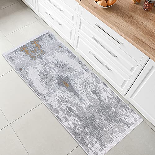 Fashion4Home Short Pile Boho Kilim Rug, Living Room Rug, Bedroom and Kitchen Rug, Rug Runner, Hallway Rug, Children's Room Rug, Abstract Grey/Gold, Greetings: 60 x 180 cm