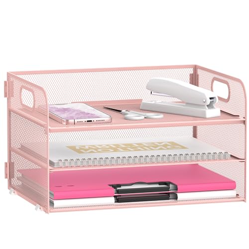 Daltack 3-Tier Paper Organizer with Handle, Mesh Desk Organizer Letter Tray, Paper Tray Organizer File Organizer for A4 File Folder, Pink