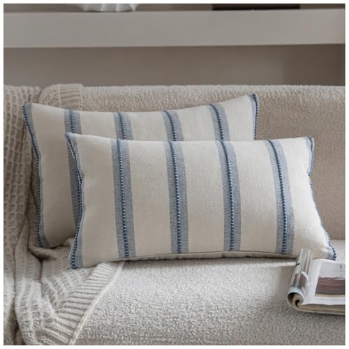 Cethom Boho Throw Pillow Covers 12x20 Set of 2, Beige and Bliue Striped Decorative Pillow Cases for Couch Chair Bed, Textured Farmhouse Accent Cushion Covers for Living Room Bedroom Sofa Home Decor