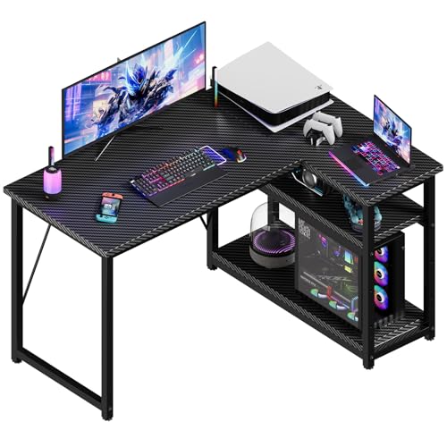 JUMMICO Small L Shaped Desk 100x80cm with Storage, Corner Computer Desk with Reversible Shelf, Sturdy Office Desk & Workstations for Home Office, Carbon Fibre Black