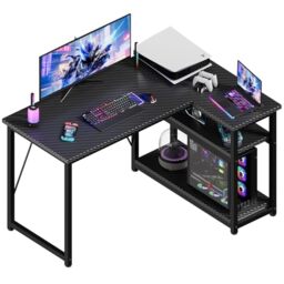 JUMMICO Small L Shaped Desk 100x80cm with Storage, Corner Computer Desk with Reversible Shelf, Sturdy Office Desk & Workstations for Home Office, Carbon Fibre Black
