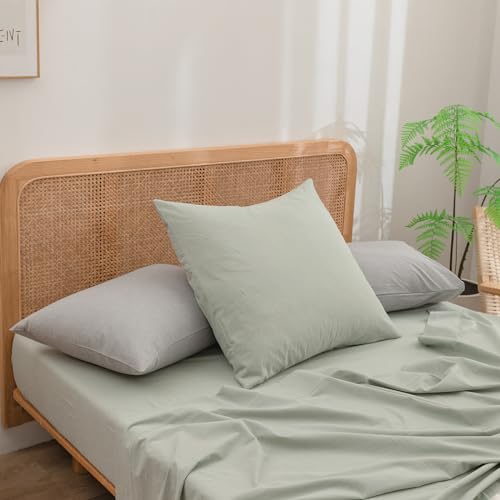 BESTOUCH Washed Cotton Pillowcases Linen Feel Sage Green Euro - 100% Washed Cotton, Linen Feel, Soft Wrinkle Texture, Envelope Closure, Breathable Lightweight Durable Comfy, 2 Pcs No Insert