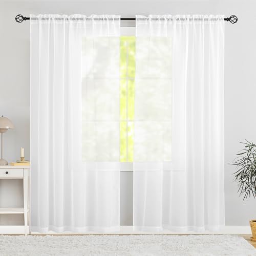 "Karseteli Semi Voile White Sheer Curtains 63 Inches Long 2 Panels Rod Pocket Window Treatment for Living Room Bedroom Dining Room(White 70"" W x 63"" L)"