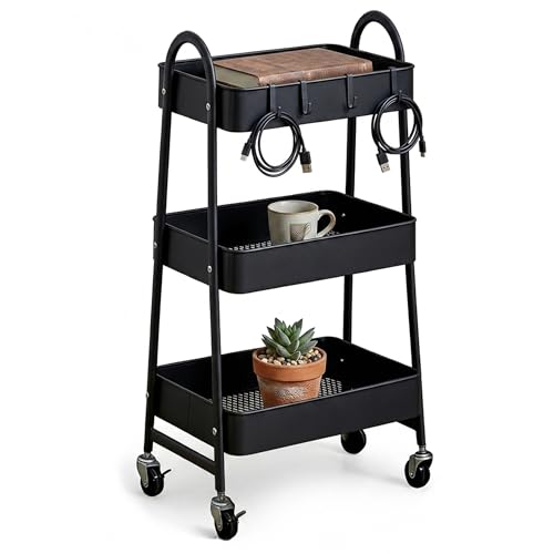 Relaxdays 3-tier trolley w/hooks, multi-purpose for office, black