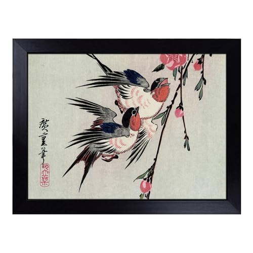 Lap Tray with Bean Bag Cushion, Hiroshige Japanese Oriental Moon Swalls - Handmade in the UK, Raised Wooden Edge, Padded Cushion, Heat-Resistant Wipe-Clean Surface, for Meals, Laptops and Crafts