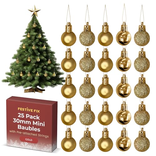 Festive Fix 25 Gold Mini Christmas Baubles β Shatterproof, Lightweight Small Tree Decorations for Xmas, Home, Party & Festive Displays