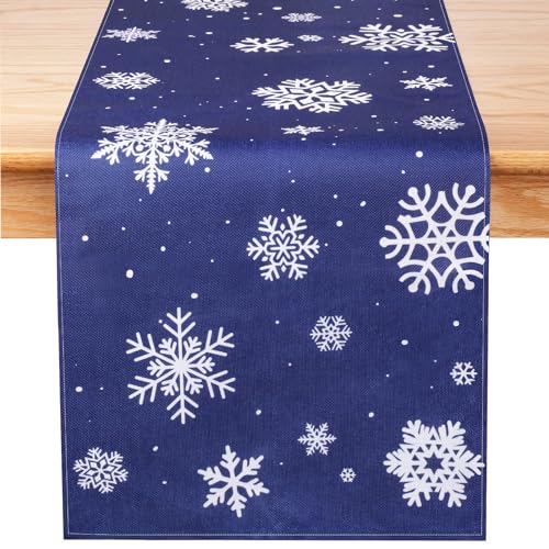 Snowflake Christmas Table Runner, Blue Winter Table Runner for Christmas Party Dining Table Decor, 14 x 72 Inch
