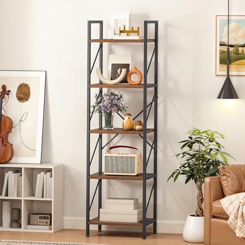 YITAHOME Bookshelf 5 Tier, Corner Narrow Slim Shelf Wooden Shelf and Metal Frame Industrial Storage Rack for Living Room Home Office Kitchen Bedroom, Rustic Brown Book Shelf