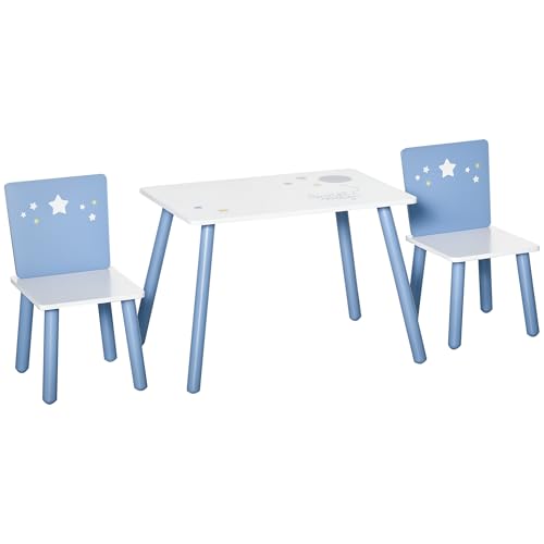 HOMCOM 3 Pcs Kids Table & Chairs Set w/Wood Legs Safe Corners Cute Stars Seating Mini Furniture Home Playroom Bedroom Dining Room Blue