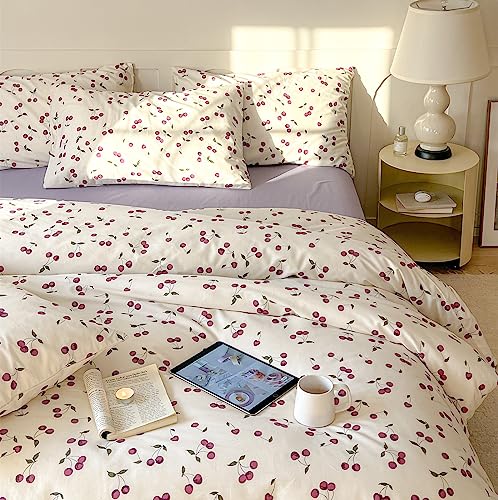 VM VOUGEMARKET Girls Cherry Prints Bedding Set Queen Purple White Duvet Cover with 2 Pillowcases 100% Cotton Teen Girls Fruit Comforter Cover Set