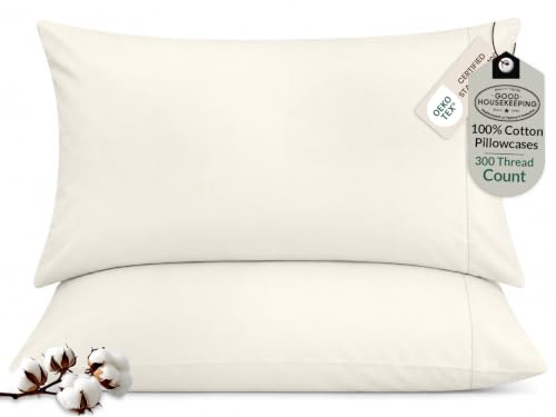 "ROYALE LINENS 300 Thread Count 100% Long Staple Combed Cotton Pillowcases Set of 2 - Ultra Soft - King Bed Pillow Cover - 20""x40"" - Breathable, Cool & Crisp Percale Cream Pillow Cases (King, Cream)"